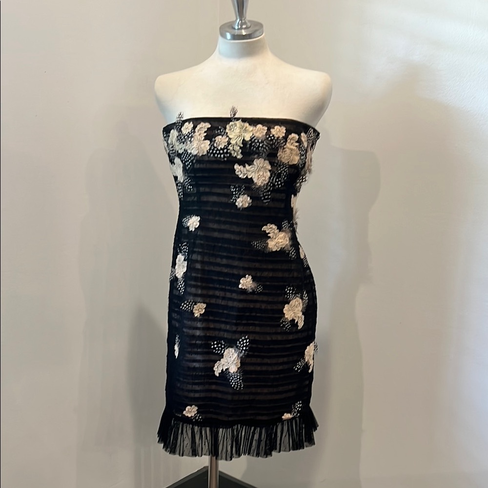 BCBGMaxAzria Black and Cream Strapless Sheath Dress, Sz. M